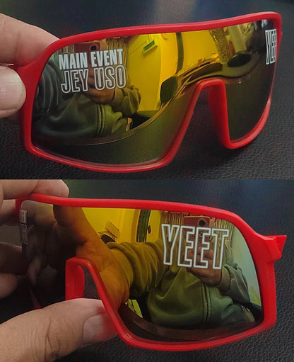 YEET Graphic Sunglasses with Jey Uso Main Event Lettering, Colorful Shield-Style Fan Shades in Children's and Adult Options for Party Outfits