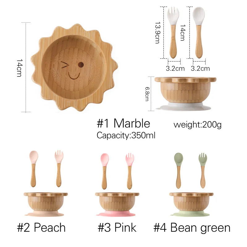 Bamboo Baby Suction Bowl and Tableware Options, Sun, Cloud and Dinosaur Designs with Single-Piece or 3-Piece Wooden-Handle Utensil Sets