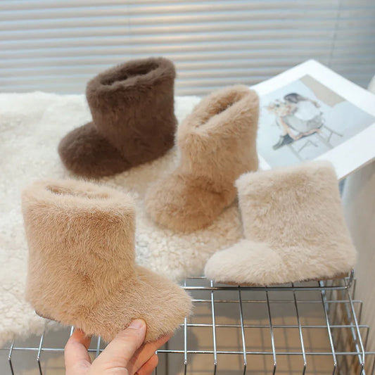 Girls Allover Fuzzy Ankle Boots with Rounded Toes and Pull-On Styling, Brown, Tan and Cream Fashion Footwear for Fall and Winter Outfits