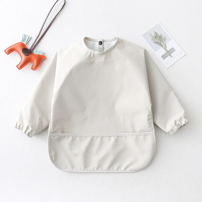 Long Sleeve Feeding Bib for Babies and Toddlers, Solid Color Polyester Mealtime Apron with Front Pocket for Snacks and Messy Art Play
