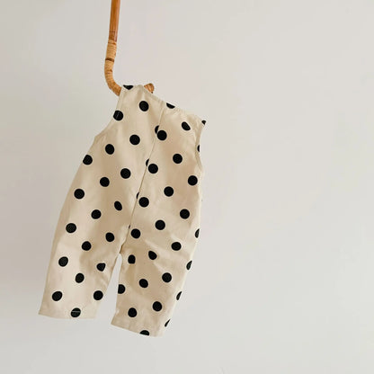 Polka Dot Baby Jumpsuit in Beige with Black Spots, Sleeveless Button-Front One-Piece with Flap Pockets for Infant Girls Everyday Outfits