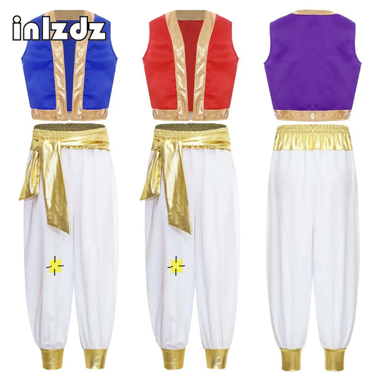 Kids Arabian Prince Costume Set with Gold-Trim Vest and Harem Pants for Boys Halloween Dress-Up, Carnival Parties and Stage Performances