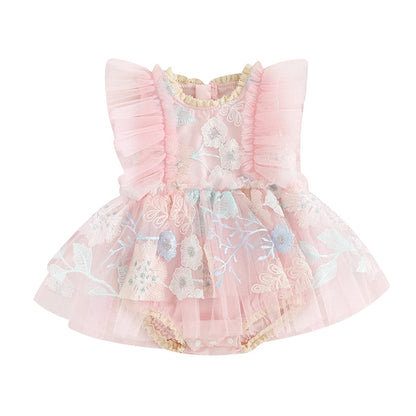 Embroidered Baby Girl Romper Dress with Pink Floral Mesh Skirt and Flutter Sleeves, Matching Headband and Snap Bottom for Party Photos, 0-24 Months