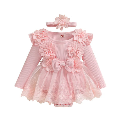 Baby Girl Romper Dress and Headband Set with 3D Flowers, Bow and Mesh Skirt, Long Sleeve Ribbed Cotton-Blend Outfit in Five Colors, 3M-18M