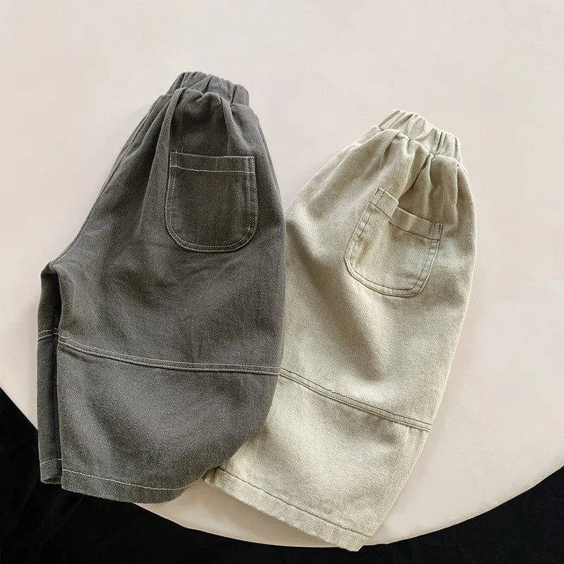 Toddler Wide Leg Pants with Elastic Waist and Stitched Patch Pockets, Apricot or Dark Gray Casual Harem Trousers for Boys and Girls, 12M–6T