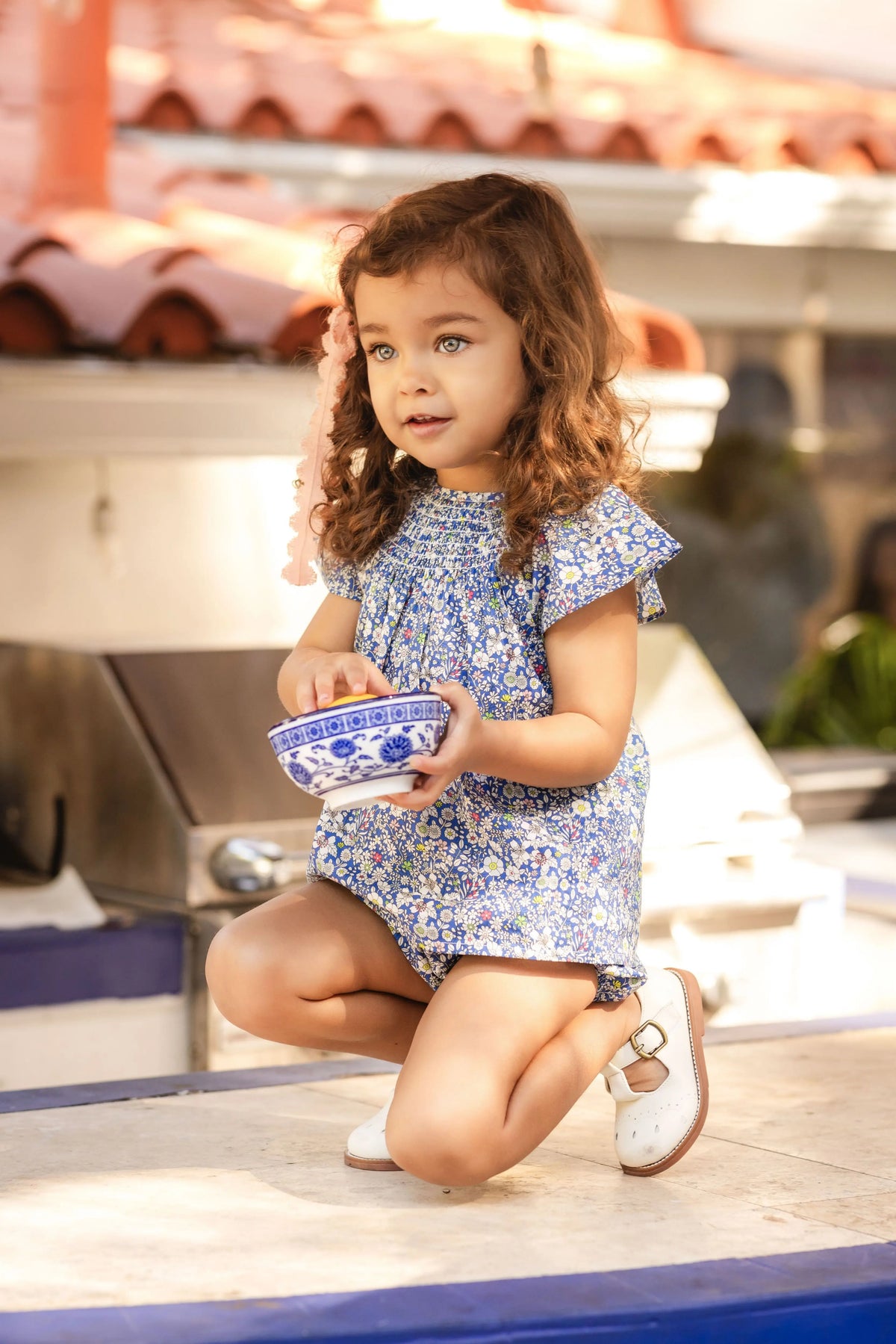 Blue Floral Sibling Outfits with Smocked Girls Dress and Baby Romper Options, Coordinating Boys Knit Tops, Polo and Shorts for Family Photos