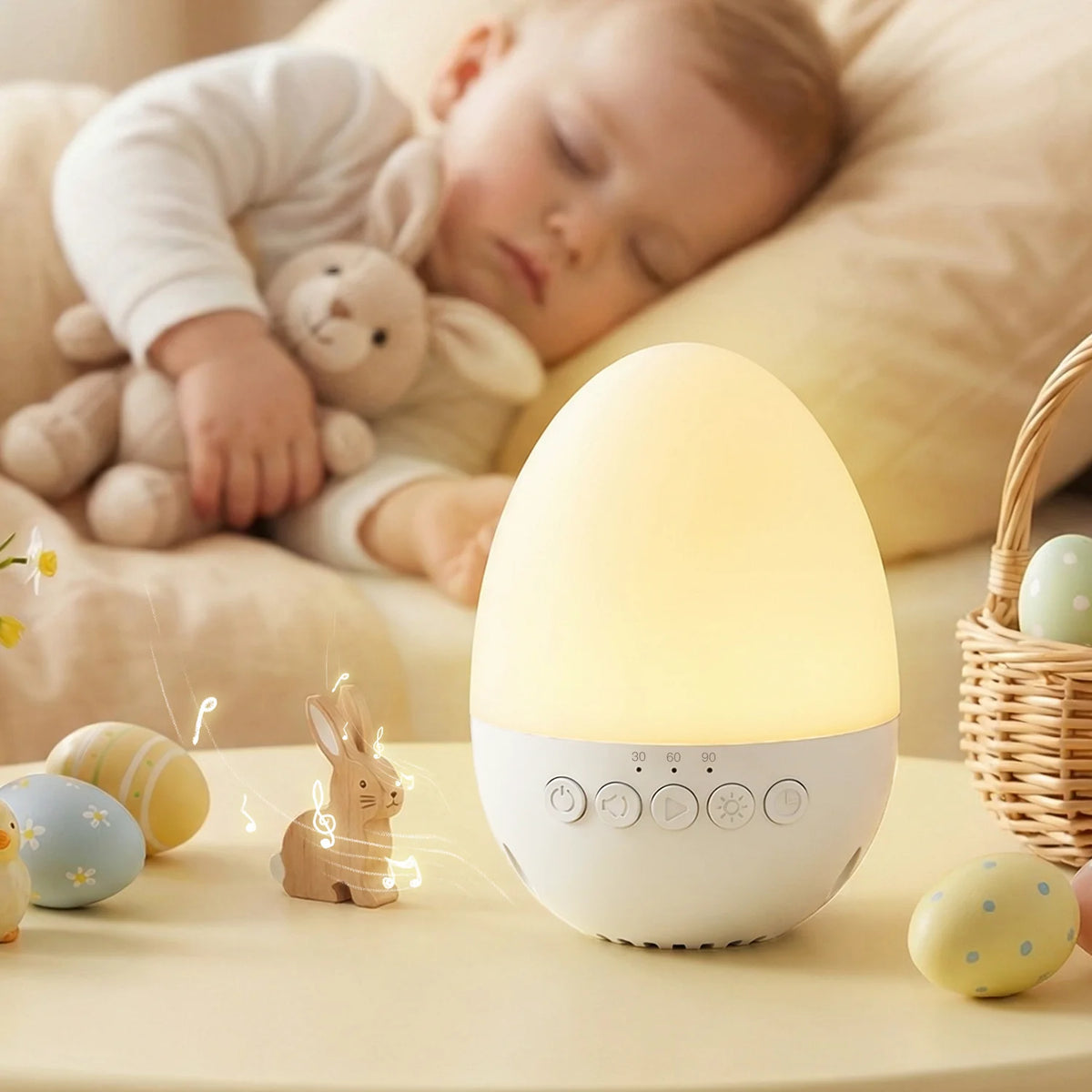 Egg-Shaped White Noise Machine with 30 Sounds, Dimmable Warm Night Light, 30/60/90-Minute Timer and USB-C Rechargeable 700mAh Battery