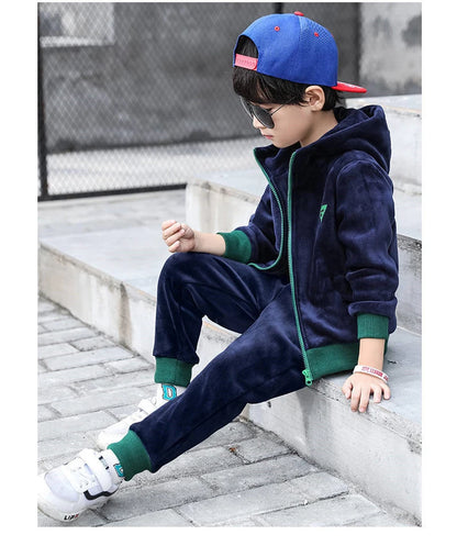 Boys Winter Tracksuit Set with Velvet-Texture Zip-Up Hooded Jacket and Matching Pants, 2-Piece Polyester Outfit for Ages 3-10