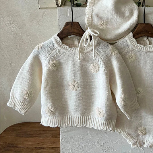 Floral Knit Baby Sweater, Romper and Bonnet Options in Cream with Flower Details, Long Sleeve Pullover Styles and Ribbed Edges for Infant Outfits
