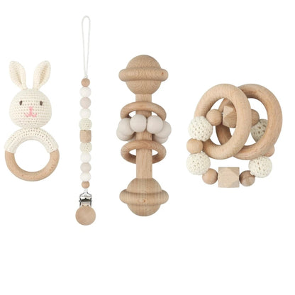 Crochet Animal Rattle Set with Wooden Ring and Coordinating Accessories, Rabbit, Deer and More Designs for Supervised Play and Baby Shower Gifts