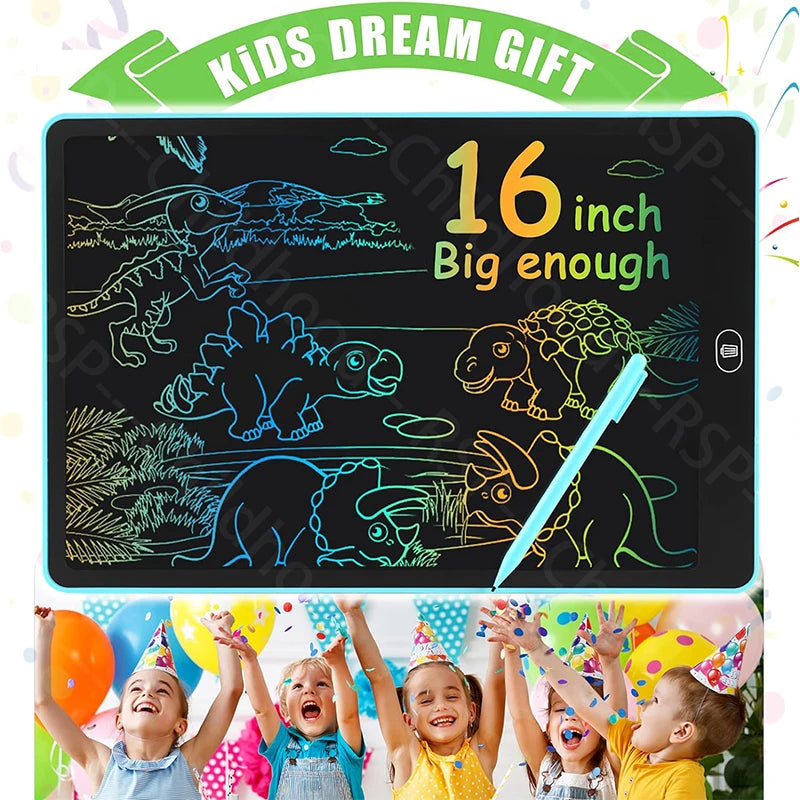 16-Inch Color LCD Drawing Board, Reusable Kids Writing Tablet with Erase Lock Switch and POM Stylus for Doodles, Letters and Number Practice