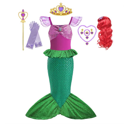 Mermaid Costume Dress for Girls with Purple Bodice, Green Scale-Pattern Skirt and Fishtail Hem for Birthdays, Halloween and Princess Dress-Up