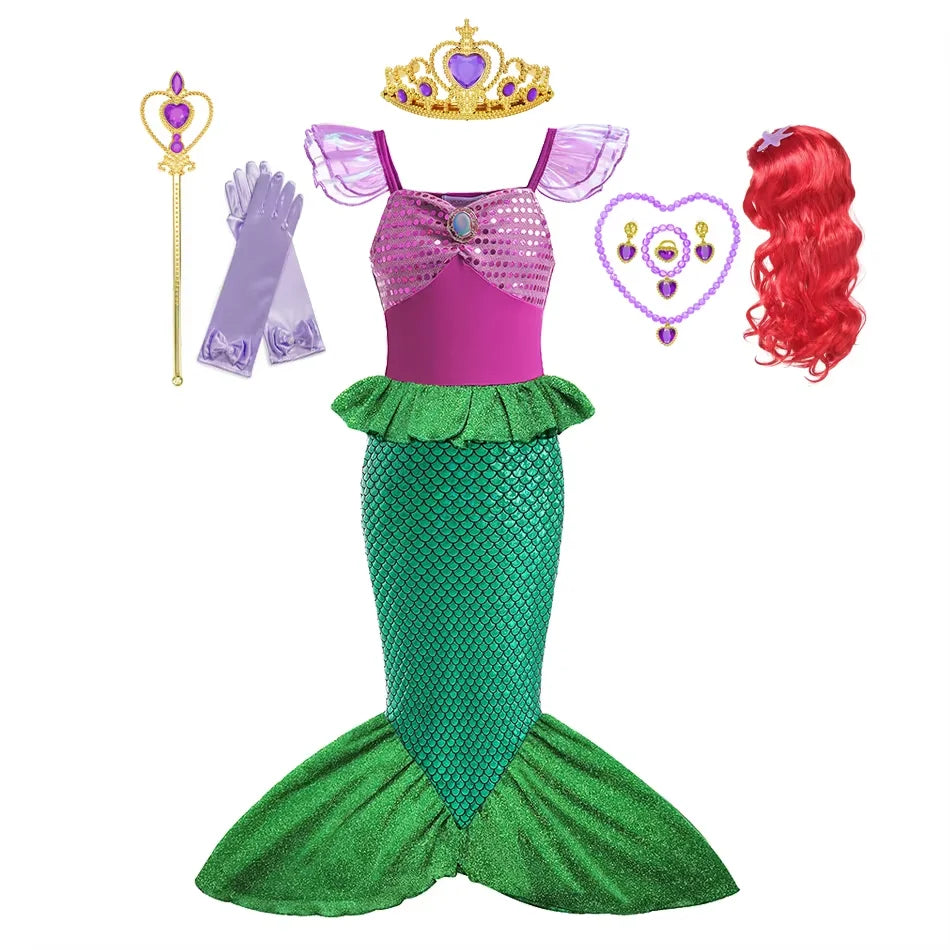 Mermaid Costume Dress for Girls with Purple Bodice, Green Scale-Pattern Skirt and Fishtail Hem for Birthdays, Halloween and Princess Dress-Up