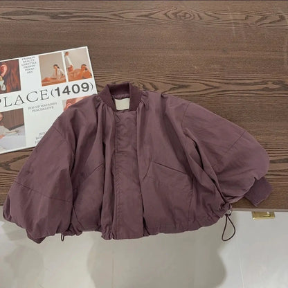 Kids Oversized Bomber Jacket with Zip Front, Long Sleeves and Slanted Pockets, Beige or Purple Loose Fit Layer for Spring and Fall Outfits