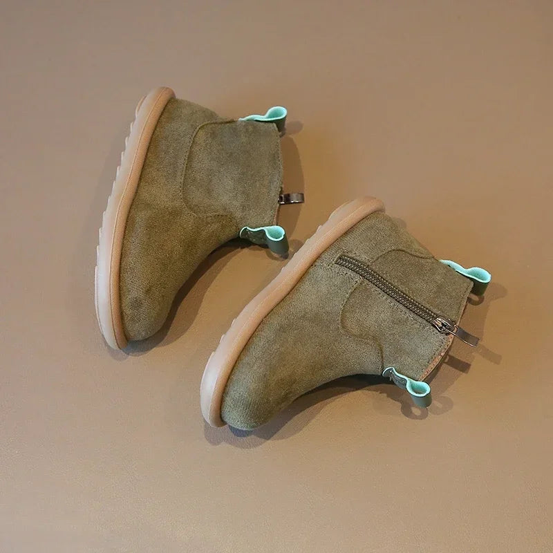 Toddler Suede-Look Ankle Boots with Side Zipper and Colorful Pull Tabs, Green Pink or Yellow Casual Short Boots for Boys and Girls in Sizes 21–30