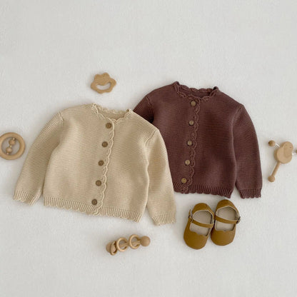 Scalloped Neck Baby Cardigan with Button Front, Textured Knit and Ribbed Cuffs, Long Sleeve Infant and Toddler Sweater in Khaki or Apricot