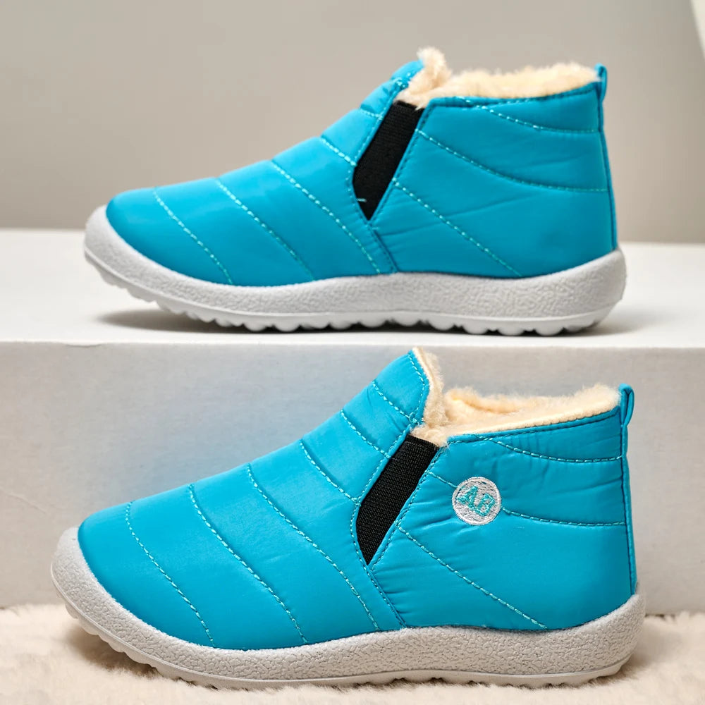 Kids Quilted Ankle Winter Boots with Plush Lining and Side Zippers, Blue Padded Cold-Weather Shoes with Rounded Toes, Sizes 26–35