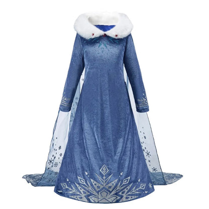 Girls Ice Princess Costume Dress with Long Sleeves, Fluffy Collar and Snowflake Cape, Blue Snow Queen Outfit for Birthdays and Halloween
