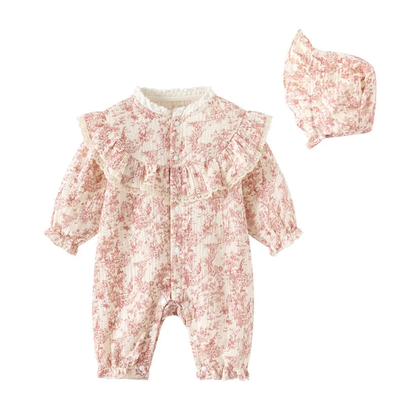 Baby Girl Jumpsuit and Hat Set with Ink-Style Print and Ruffled Yoke, Long Sleeve Cotton Outfit for Spring, Fall and Family Photos, Sizes 59-90