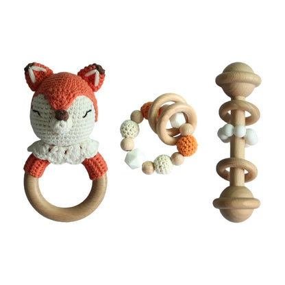 Crochet Animal Rattle Set with Wooden Ring and Coordinating Accessories, Rabbit, Deer and More Designs for Supervised Play and Baby Shower Gifts