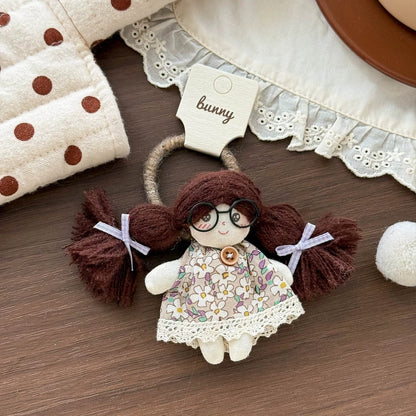 Doll Hair Accessories for Girls, Handmade Cotton Character Hair Clip or Elastic Hair Tie with Floral Dress and Colorful Pigtail Details