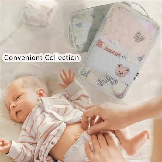 Diaper Organizer Bag with Mesh Front and White Bear Detail, Portable Zip Pouch for Baby Clothes, Changing Essentials and Family Travel