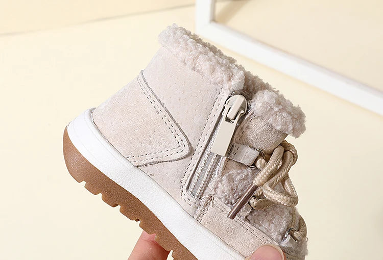 Toddler Plush Ankle Boots with Lace-Up Front, Rubber Soles and Fluffy Trim for Boys and Girls, Beige Black or Pink Cool-Weather Shoes