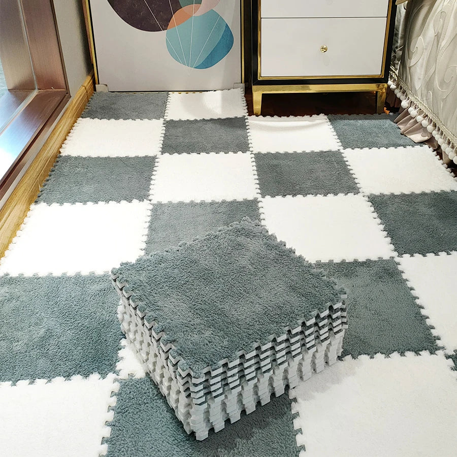 Plush Carpet Puzzle Mat, 20-Piece Interlocking EVA Foam Floor Tiles in Two-Color Options, 30 x 30 x 1 cm Squares for Nursery and Kids Rooms