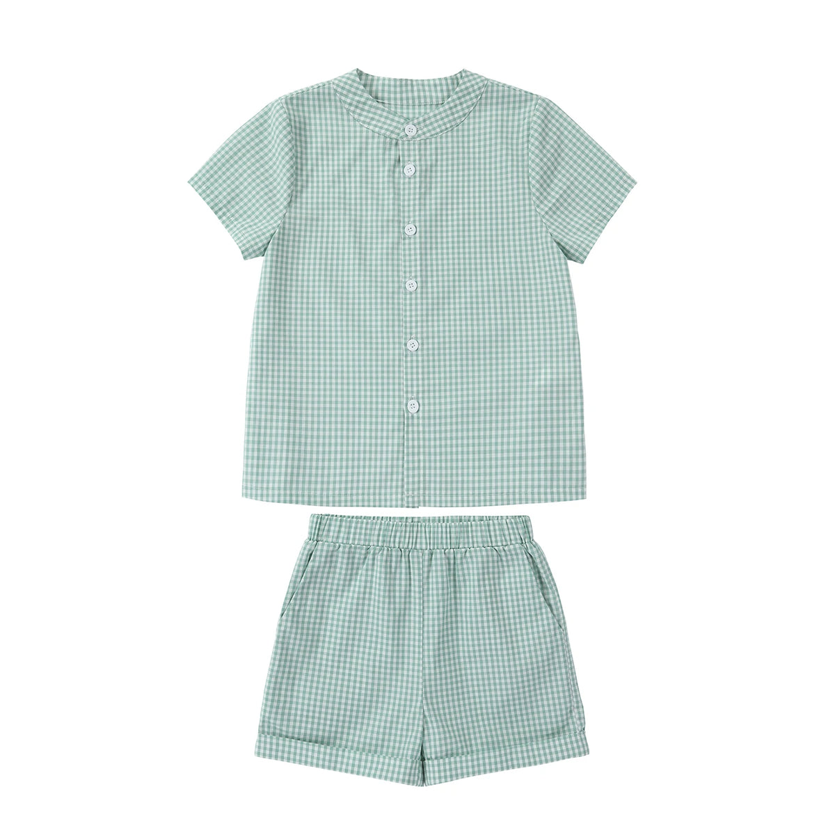 Sage Green Gingham Kids Outfits with Cotton Girls Dress and Baby Romper Options, Lyocell Knit Layers and Boys Separates for Sibling Family Photos