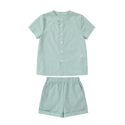 Sage Green Gingham Kids Outfits with Cotton Girls Dress and Baby Romper Options, Lyocell Knit Layers and Boys Separates for Sibling Family Photos