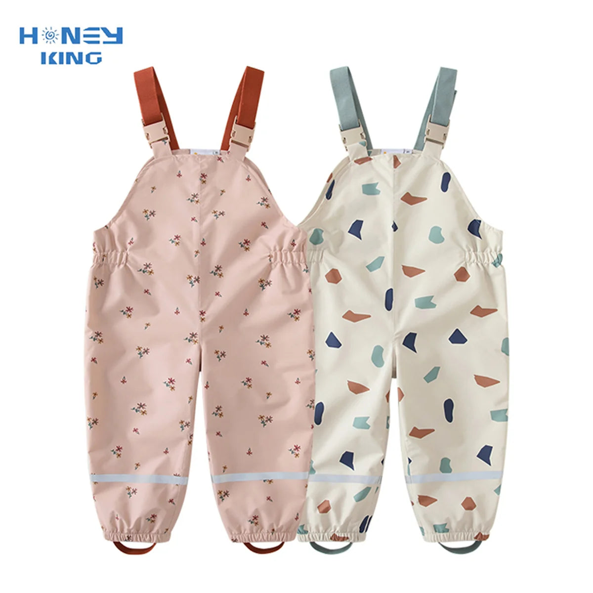 Kids Waterproof Rain Overalls by HONEYKING, Printed Bib Pants with Buckle Shoulder Straps and Elastic Cuffs for Boys and Girls Outdoor Play