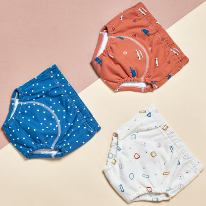 6-Layer Cotton Training Pants, 3-Pack Reusable Toddler Potty Underwear with Elastic Waist and Printed Designs in 90 cm and 100 cm Size Options