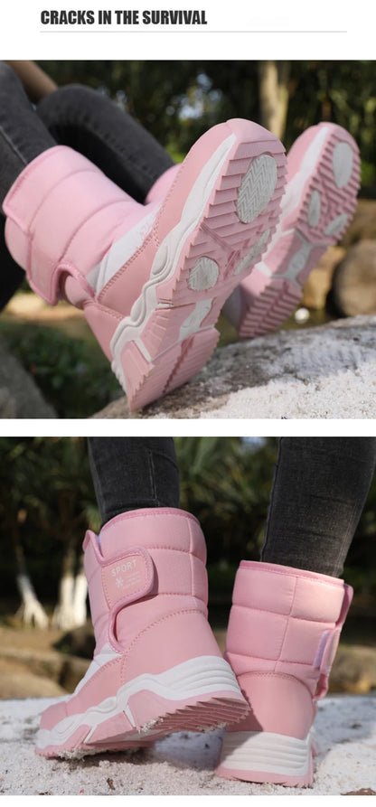 High-Top Kids Snow Boots with Hook-and-Loop Side Straps, Padded Shafts and Chunky Tread Soles for Winter Outings, Chinese Sizes 31-42