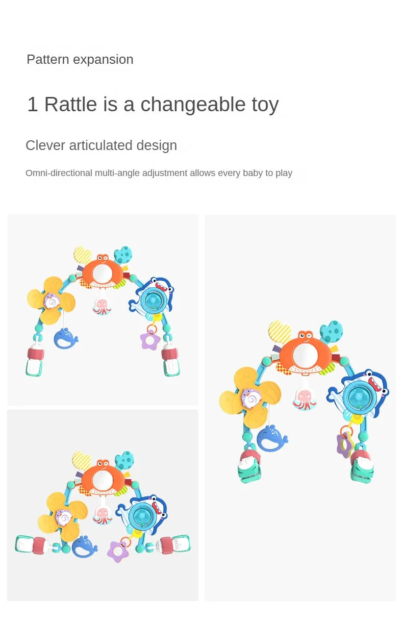 Stroller Activity Toy Arch with Colorful Hanging Play Details, Ocean or Bee Theme Clip-On Baby Play Bar for Supervised Sensory Exploration