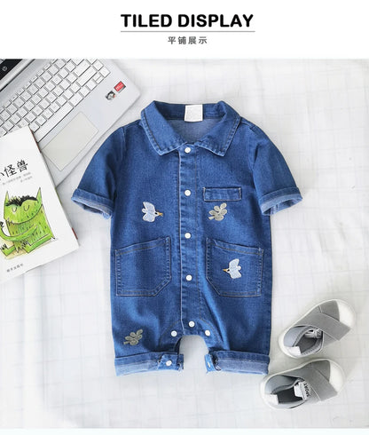 Collared Baby Denim Romper by IENENS with Chest Pockets and Snap Fastenings, Blue Long Sleeve One-Piece Outfit for Boys and Girls in 0-18M Sizes