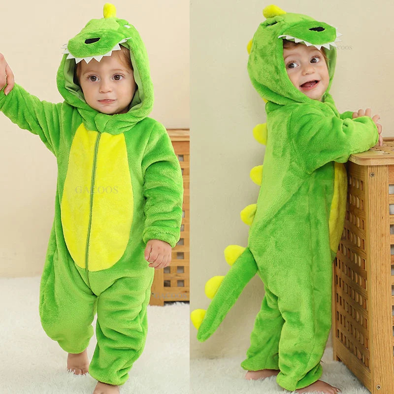 Animal Kigurumi Costume for Babies and Toddlers, Hooded Flannel Jumpsuit with Long Sleeves for Halloween Dress-Up and Family Photos