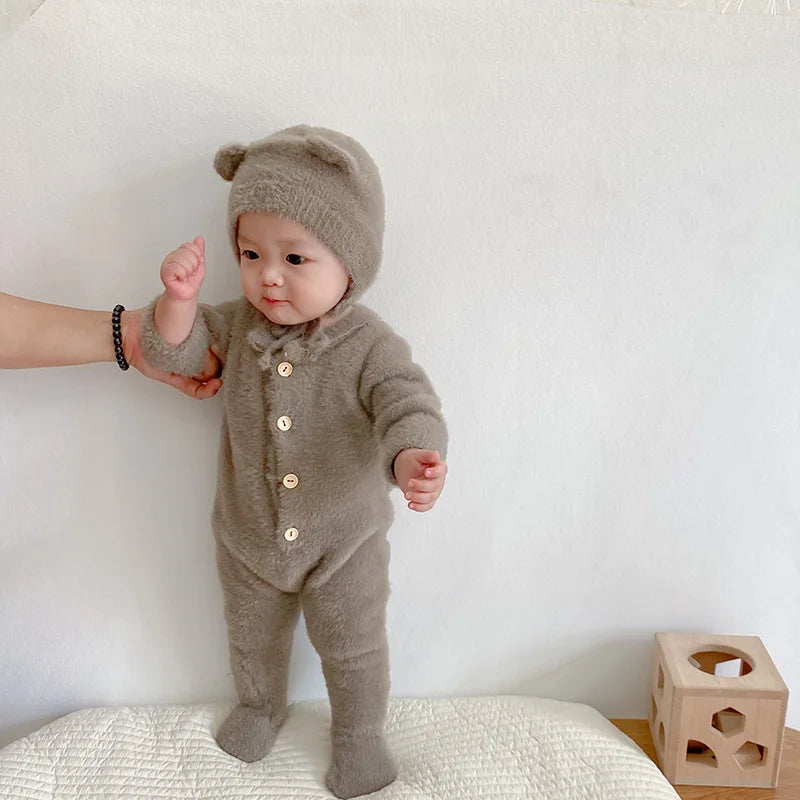 Plush Baby Footed Jumpsuit with Button Front, Bear-Inspired Autumn Winter One-Piece Outfit for Boys and Girls in Four Colors