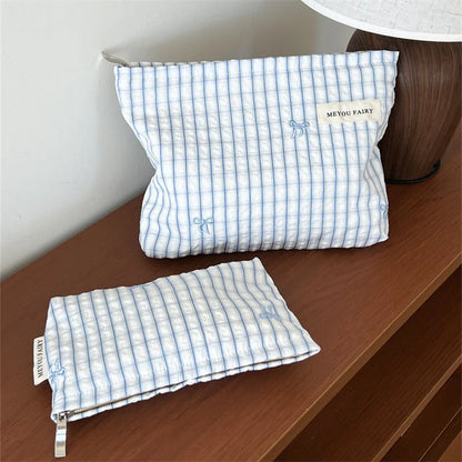 Baby Essentials Pouch with Striped Bow Embroidery and Zipper Closure, Small or Large Diaper Bag Organizer for Toiletries, Makeup and Travel
