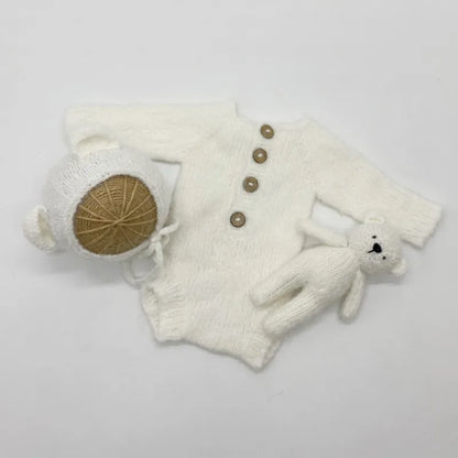 Newborn Bear Photography Outfit with Long Sleeve Knitted Romper and Bear Ear Bonnet, Optional Knit Toy for Baby Boys and Girls Portrait Sessions