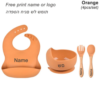Personalized Baby Feeding Set with Silicone Suction Plate, Bowl, Spoon and Fork, 4-Piece or 6-Piece Tableware Options for Supervised Mealtimes