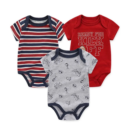 Cotton Infant Bodysuit Trio with Short Sleeves, Printed and Solid Baby One-Piece Outfits with Bottom Snaps for Boys and Girls, 3M-12M