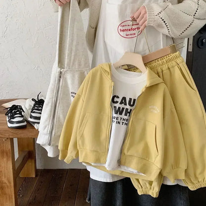 Kids Zip-Up Hoodie and Jogger Pants Set in Yellow or Gray, Two-Piece Casual Outfit with Letter Detail for Boys and Girls, Sizes 90-140cm