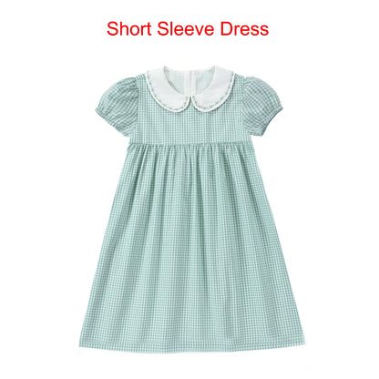 Sage Green Gingham Kids Outfits with Cotton Girls Dress and Baby Romper Options, Lyocell Knit Layers and Boys Separates for Sibling Family Photos
