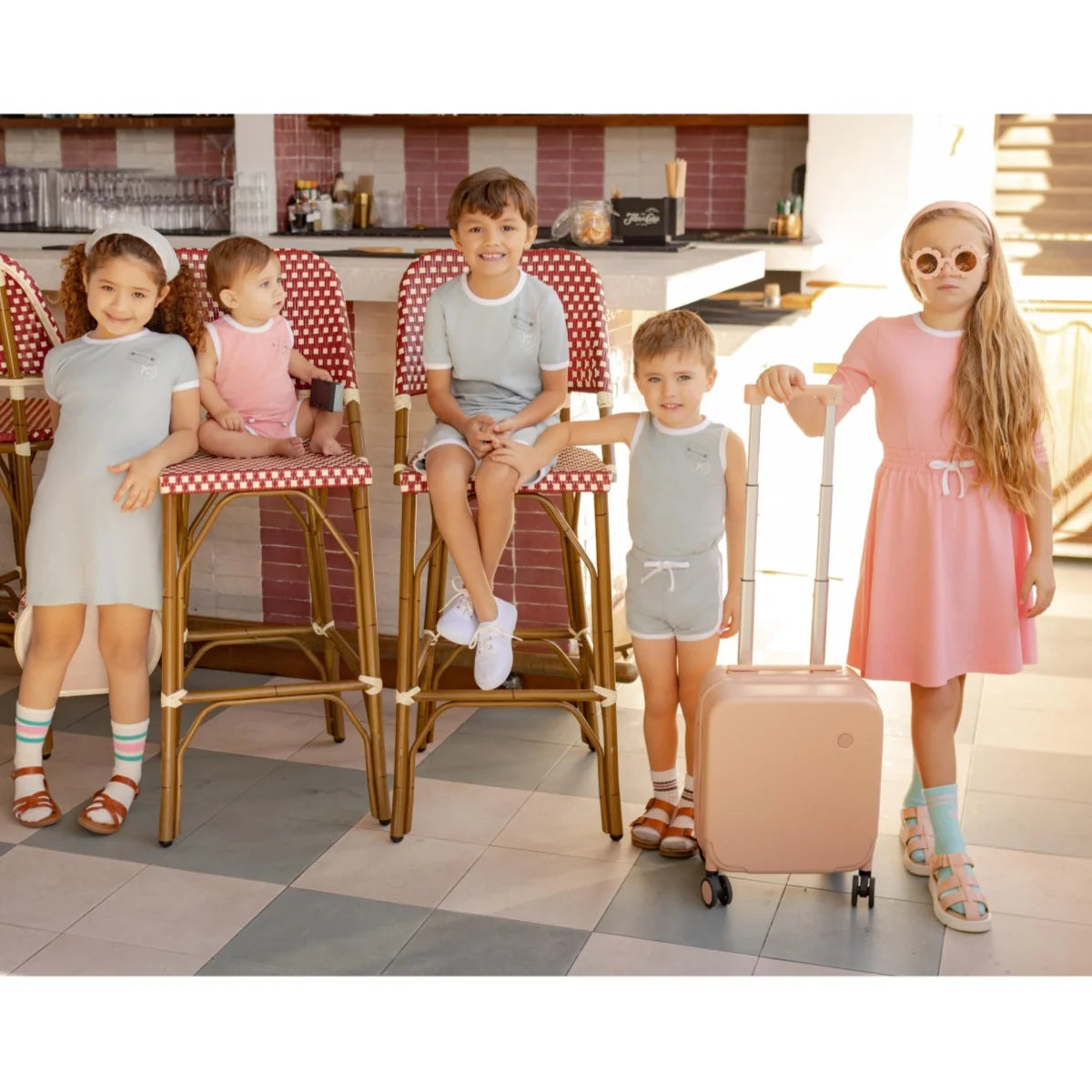 Kids Ringer Matching Outfits in Cotton Jersey with Stamp Graphics, Contrast Trim Dresses, Tees, Shorts and Baby Sets for Summer Photos