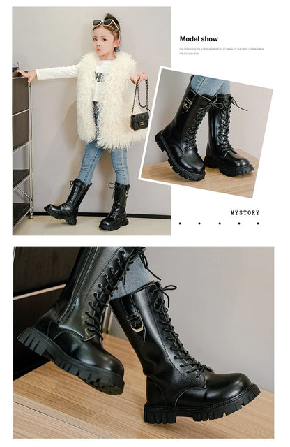 Girls Buckle Detail Tall Boots with Lace-Up Front and Side Zippers, Chunky Lug-Style Soles and Round Toes for Casual Fall Outfits