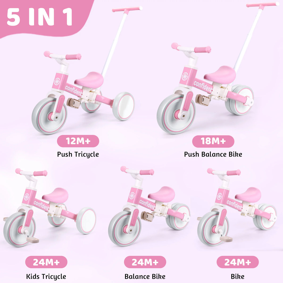 Toddler Tricycle 3-in-1 with Parent Push Handle, Pink Ride-On with Quiet EVA Wheels, Carbon Steel Frame and Adjustable Seat for Ages 1–4