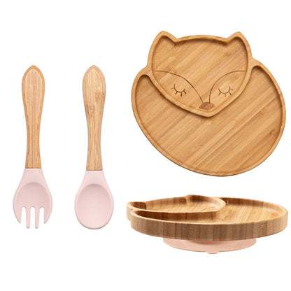 Baby Bamboo Suction Plate Set with Wooden-Handle Spoon and Fork, 3-Piece Cartoon Dinnerware with Divided Elephant Design for Toddler Meals