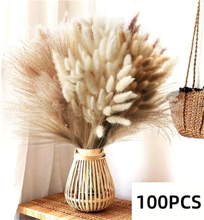 Dried Pampas Grass Bouquet, Natural Decorative Flowers and Bunny Tail Grass for Boho Vase Styling, Home Displays, Weddings and Party Decor