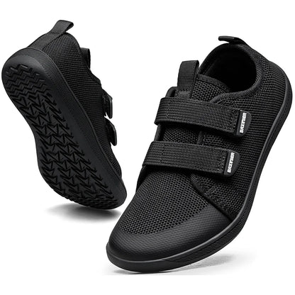 Kids Barefoot-Style Mesh Sneakers with Wide Toe and Double-Strap Fastening, Breathable Knitted Casual Walking Shoes in Gray, Black or Blue for Boys and Girls