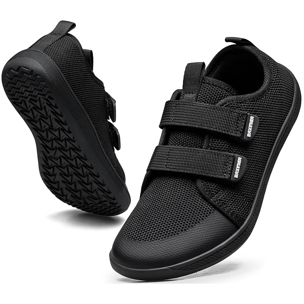 Kids Barefoot-Style Mesh Sneakers with Wide Toe and Double-Strap Fastening, Breathable Knitted Casual Walking Shoes in Gray, Black or Blue for Boys and Girls